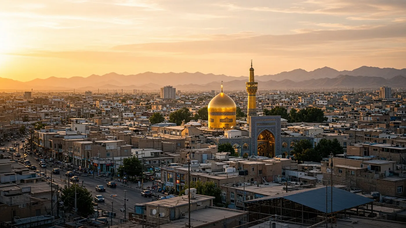 نمای شهری قم با گنبد طلایی — تمرکز محلی مجموعه